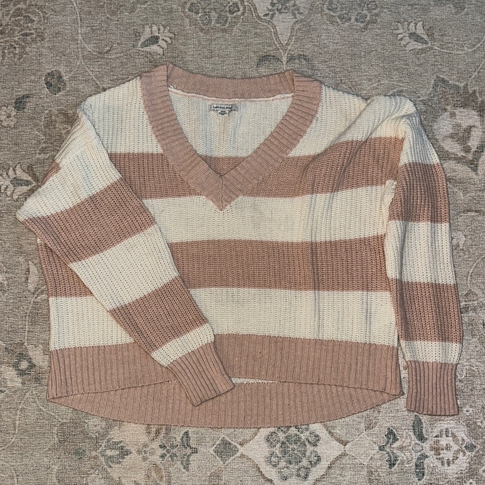 Striped V-Neck Sweater - Light Pink and Cream
